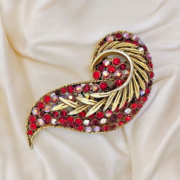 BSK Swirl Leaf Brooch Vintage Paisley Red & Red Aurora Borealis Large Estate Pin - Picture 13 of 13
